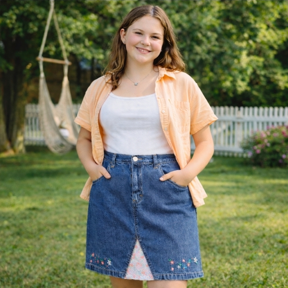 Genuine Girl Youth Denim Skirt 16 Floral Embroidered Modest Preppy Cottagecore